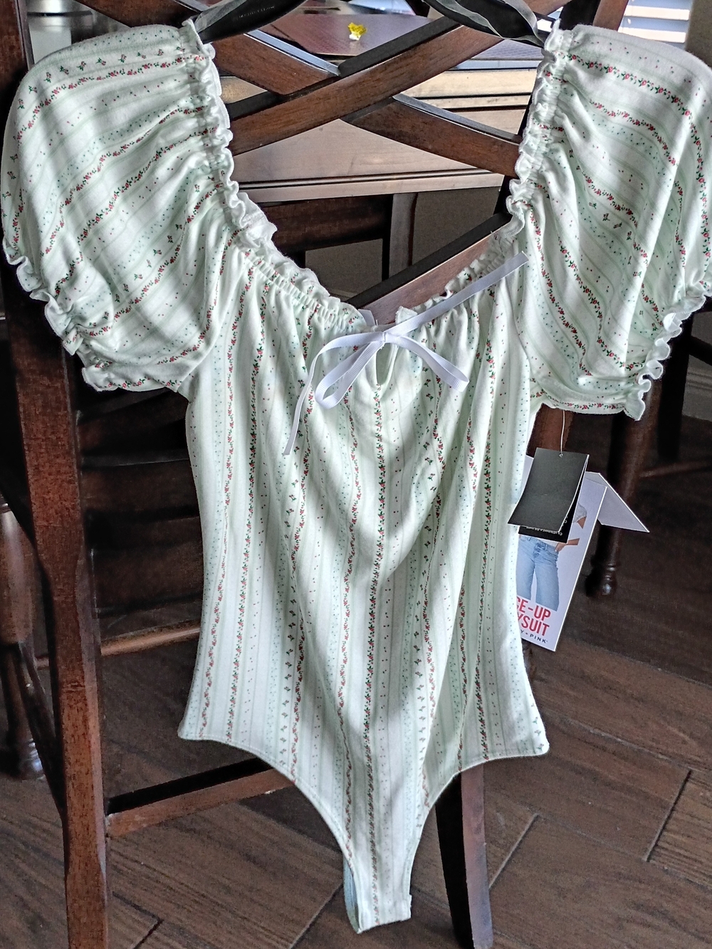 Celebrity Pink Mint Green Floral Stripe Puff Sleeve Bodysuit